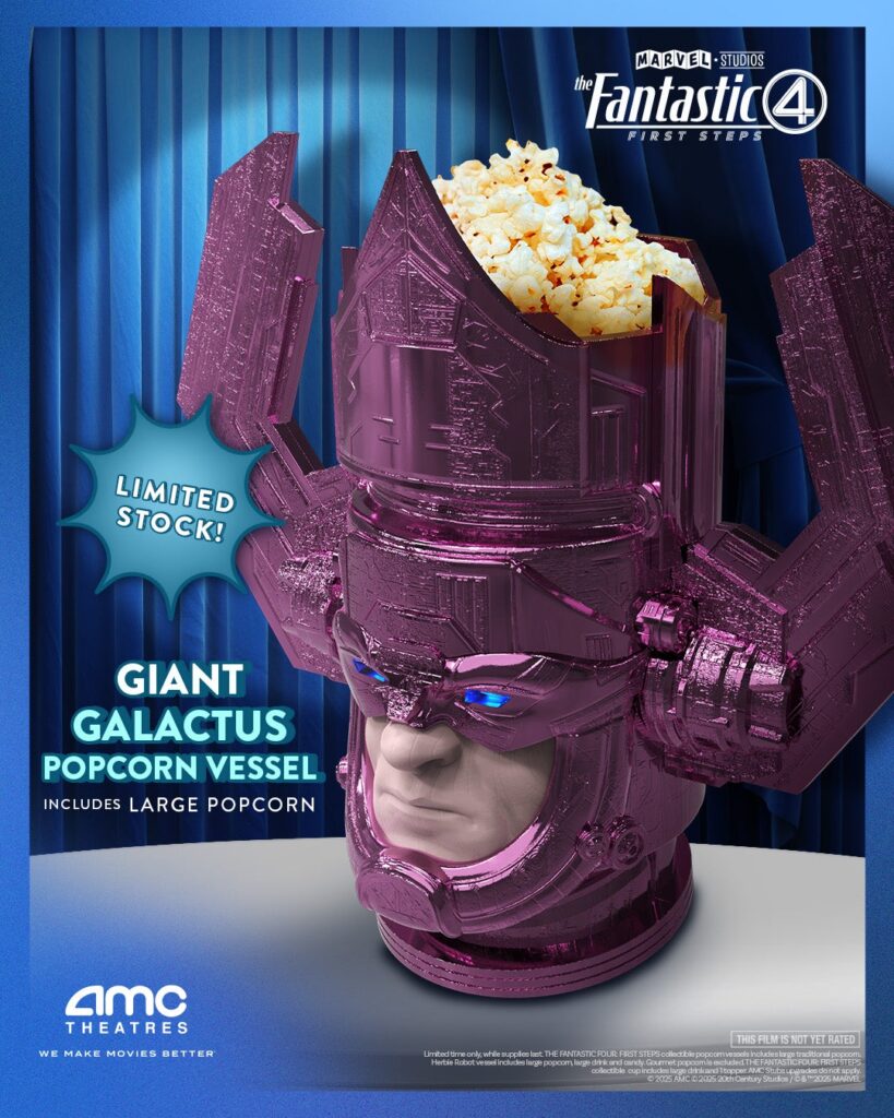 Galactus popcorn bucket promotional image showing purple helmet design with LED eyes and popcorn for Fantastic Four First Steps AMC exclusive