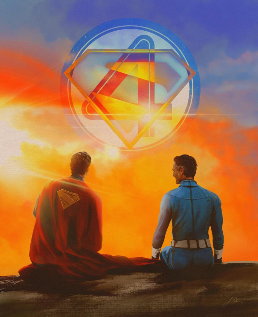 Superman Fantastic Four artwork shows heroes gazing at cosmic Superman symbol in dramatic sunset sky